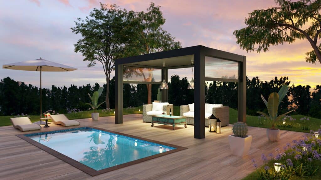 piscine en plein air devant une pergola terrasse