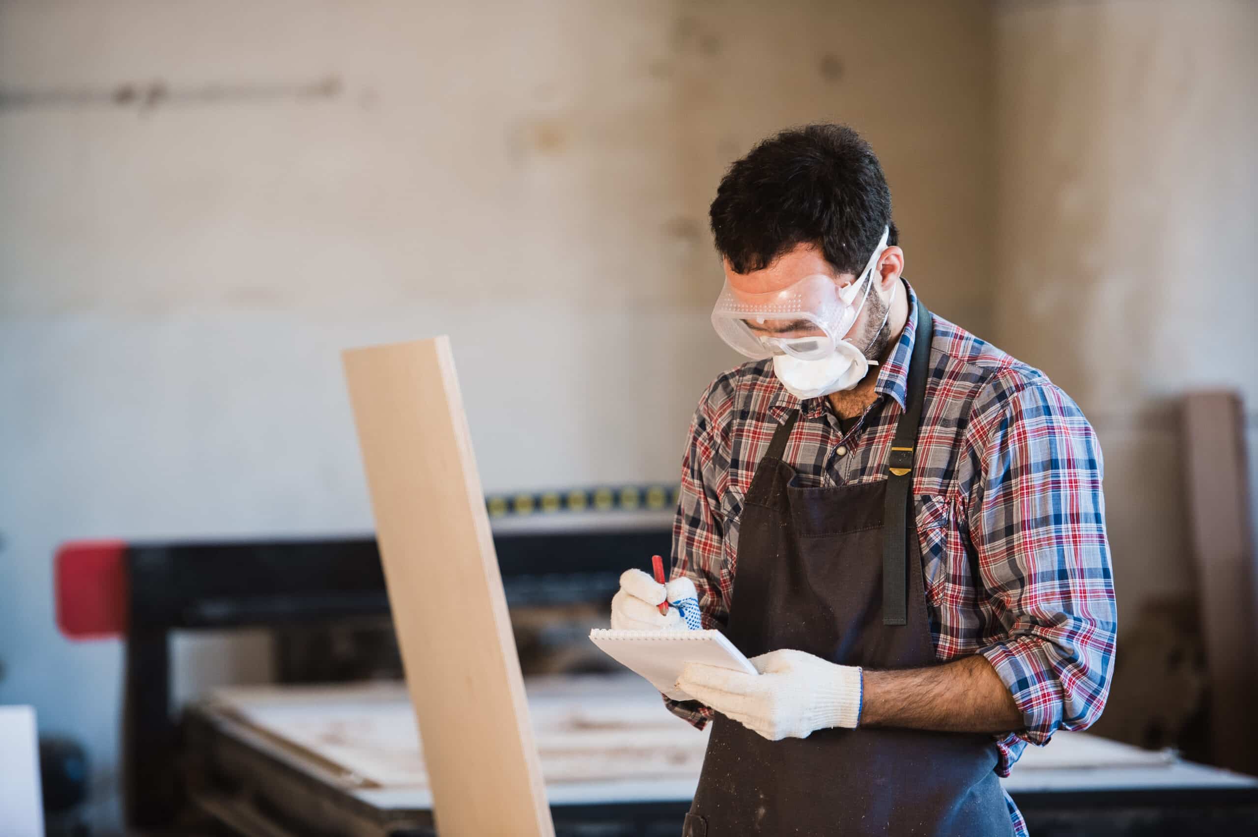 Horizontal view of professionally dressed carpenter varnishing a board